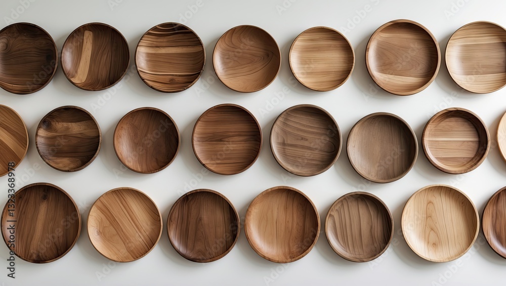 Aufkleber Collection of round wooden plates in various shades of brown arranged in a grid on a light background showcasing natural textures and wood grain.