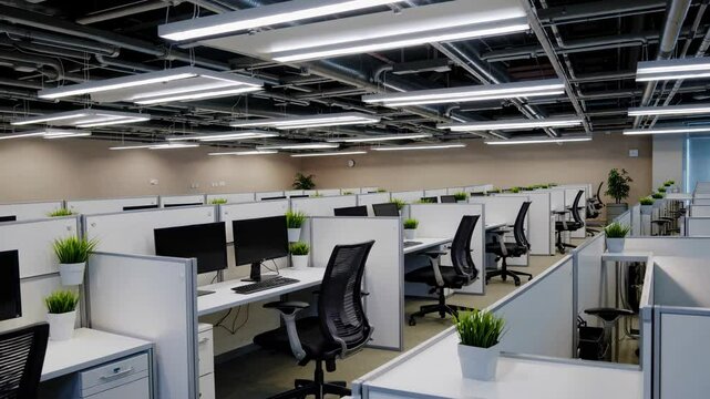 Empty modern office with lined desks and bright overhead lighting in spacious workspace