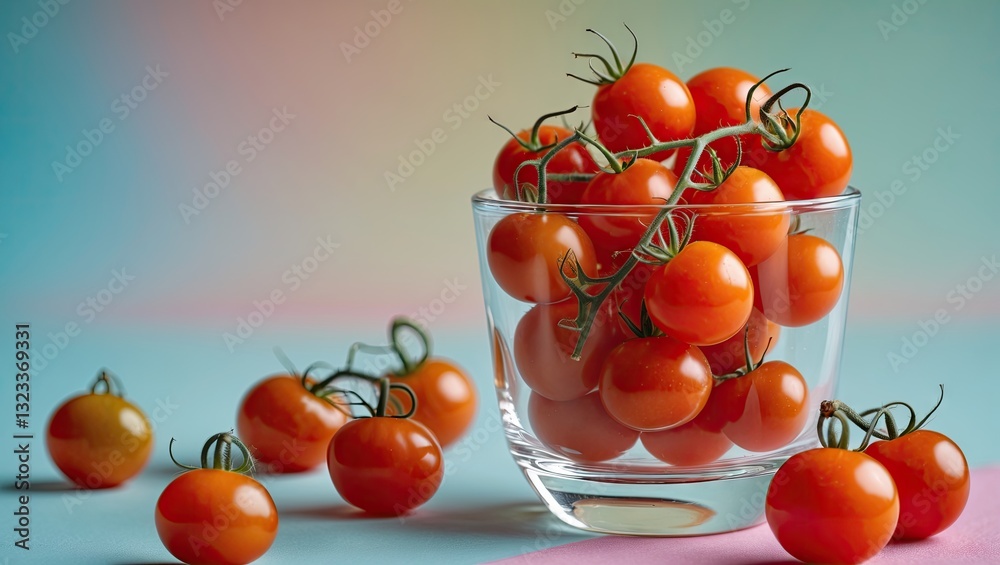 Poster vibrant cherry tomatoes in a clear glass bowl placed centrally on a soft pastel gradient background 