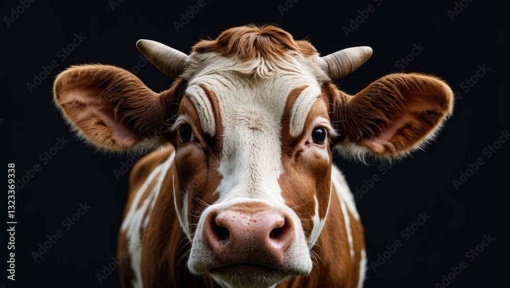 Poster Close-up portrait of a brown and white cow with sad expression against a black background highlighting its features and ample copy space for text.