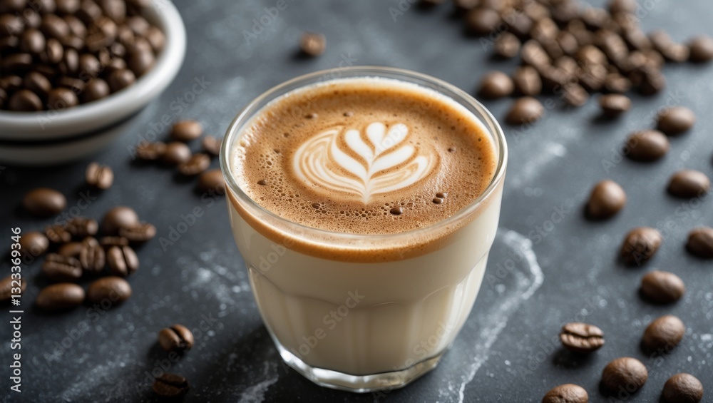Poster close-up of a milk coffee drink in a glass with latte art on top surrounded by coffee beans on a dar