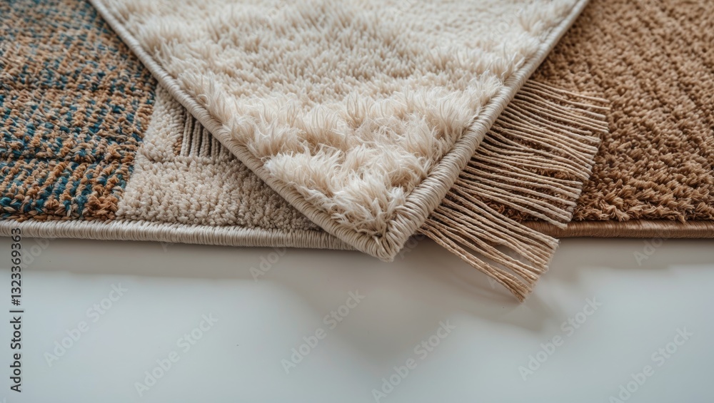 Poster textured carpets in beige and brown on a white background, featuring plush and woven patterns, stack