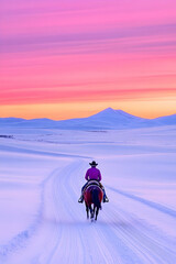 A solitary figure on horseback, traversing a snow-covered path under a vibrant winter sunrise