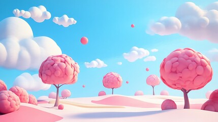 Pastel pink landscape with cartoon trees, clouds, and spheres under a light blue sky.