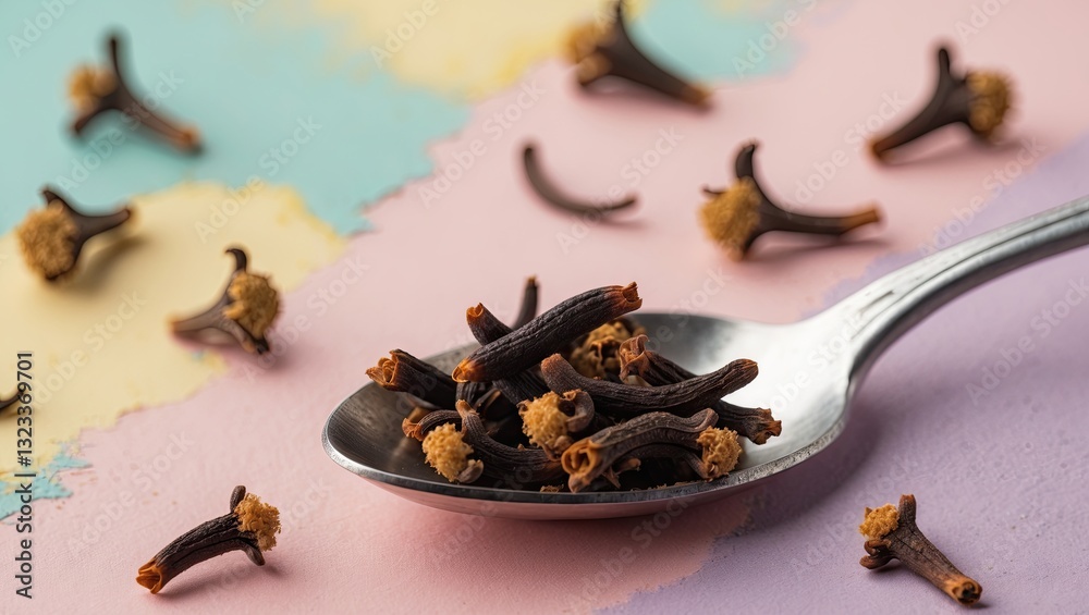Poster cloves scattered on a silver spoon with a pastel backdrop featuring soft pink and blue tones creatin
