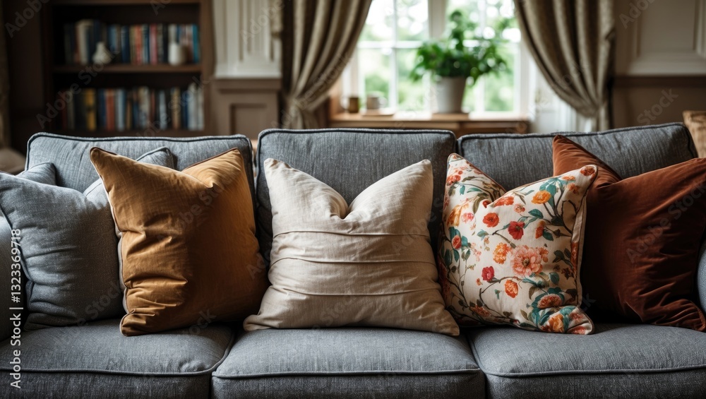 Poster colorful decorative cushions in warm tones and floral patterns arranged on a soft gray sofa with a c