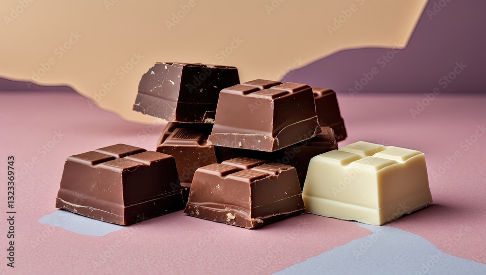 Poster assorted irregular chocolate squares in dark, milk, and white varieties stacked on a soft pastel bac