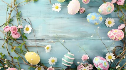 Easter background with colorful eggs and flowers on a blue wooden table, Easter concept. 