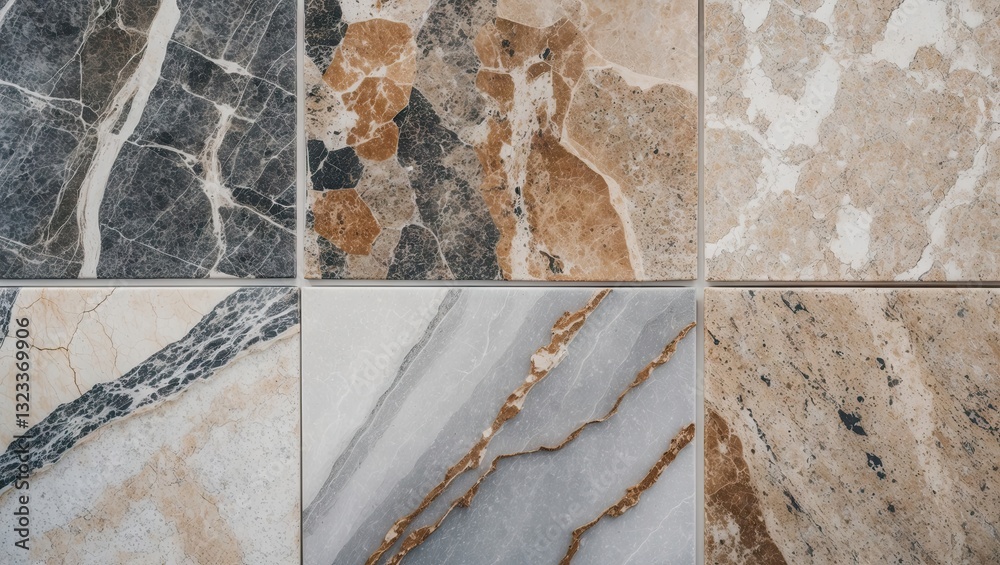 Leinwandbilder Elegant marble tile patterns featuring brown, beige, black and white hues arranged in a geometric layout creating a sophisticated design.