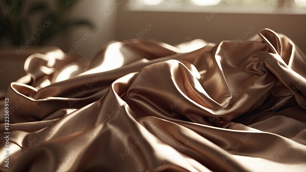 Aufkleber luxurious brown satin bed sheets elegantly draped with soft folds in natural light creating a warm a