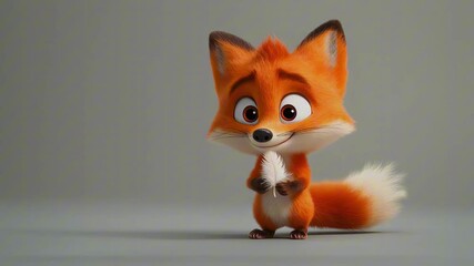 Adorable animated fox cub cartoon character gently holding a white feather on grey background