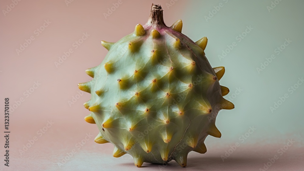 Aufkleber close-up of spiky green morinda noni fruit centered against a soft pastel background with subtle gra