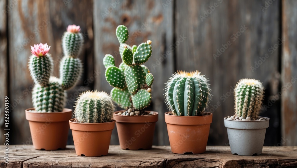Poster colorful collection of various cacti in terracotta pots arranged on rustic wooden surface with a wea