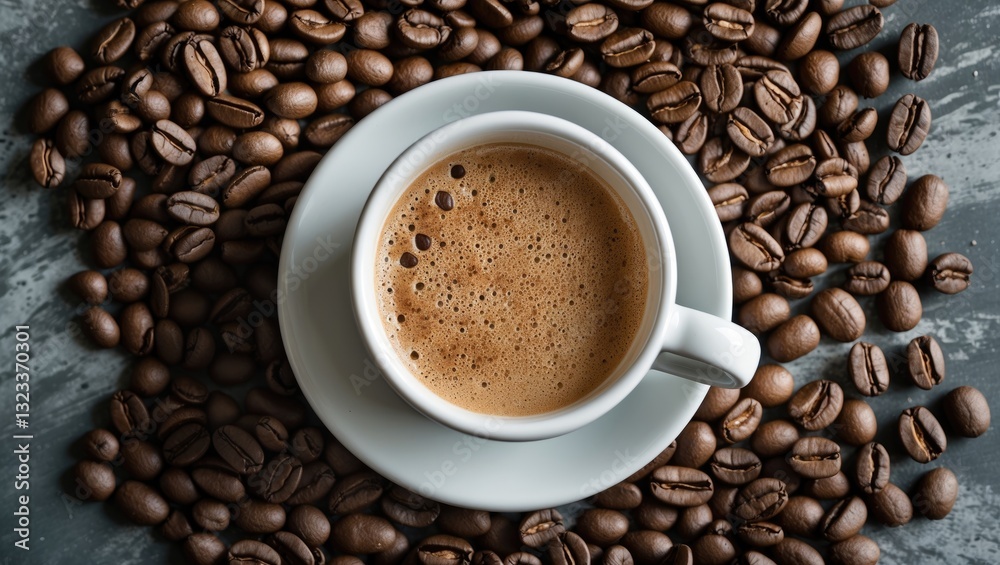 Poster aerial view of a white coffee cup filled with hot coffee centered on a dark textured surface surroun