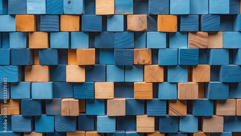 Aufkleber mosaic pattern of colored wooden blocks in shades of blue and natural wood tones, evenly arranged wi