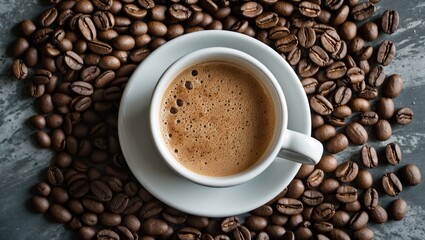 Fototapeta premium Aerial view of a white coffee cup filled with hot coffee centered on a dark textured surface surrounded by roasted coffee beans with copyspace available.