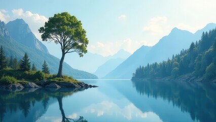 Serene Lakeside Vista Solitary Tree on a Small Island, Reflected in Tranquil Waters, Surrounded by Majestic Mountains Under a Soft Blue Sky