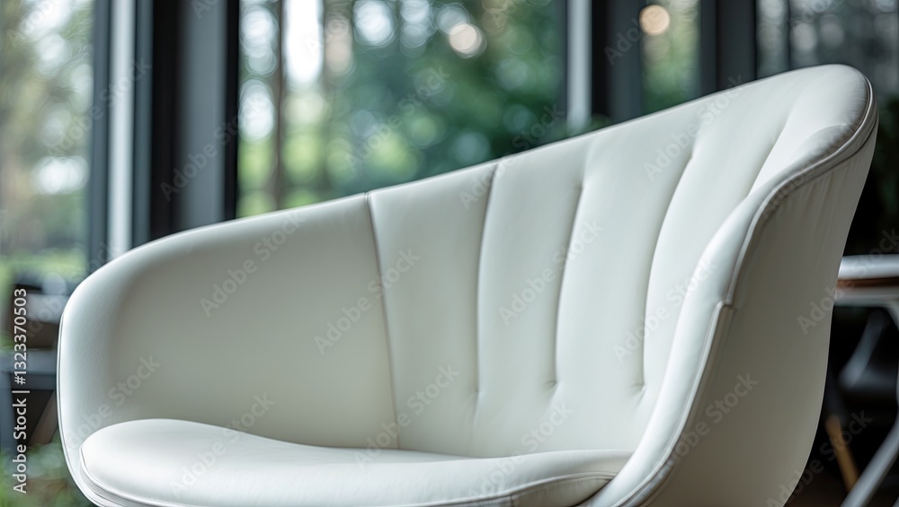 Aufkleber Modern white chair with curved backrest and ribbed design positioned on the left, natural light from large windows in the background, greenery visible.