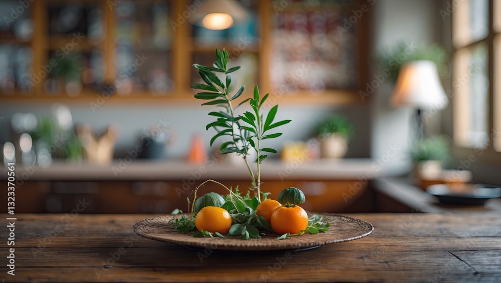 Poster fresh fruits and greenery arranged on a rustic wooden table with a blurred kitchen background featur