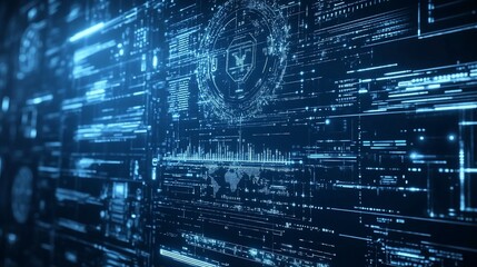 Obraz premium Abstract digital data stream interface with complex graphic elements and glowing lines.