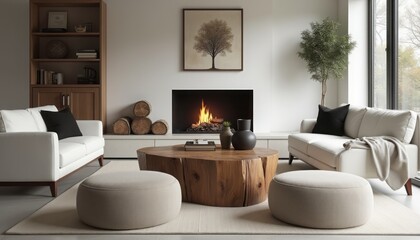 Fototapeta premium This inviting living room features sleek white sofas and a stunning wooden coffee table, creating a perfect blend of comfort and style. The warm glow of the fireplace and natural elements like the