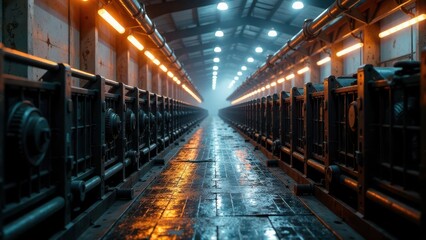 Long industrial corridor with rows of dark metal machinery and orange lighting