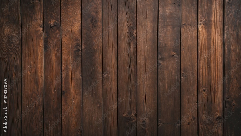 Poster Dark brown wooden texture backdrop with vertical planks, featuring distinct grain patterns and subtle variations in color and light reflections.