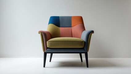 Contemporary multicolored armchair in a modern design featuring vibrant hues of green, blue, orange, and pink against a white background.