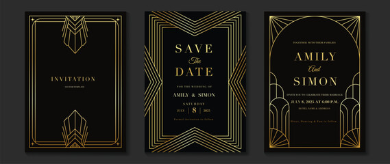 Luxury invitation card background vector. Golden elegant wavy gold line pattern on black background. Premium design illustration for wedding, vip cover template, grand opening, flyer.