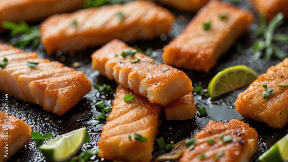 Poster Savory grilled salmon fillets garnished with fresh herbs and lime wedges arranged on a dark textured surface with ample negative space for text
