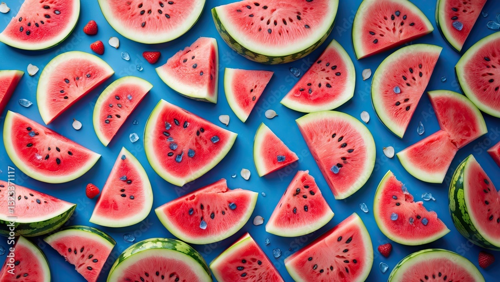 Poster colorful arrangement of fresh watermelon slices in varying sizes on a vibrant blue background with a
