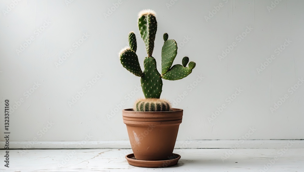 Aufkleber cactus with multiple pads in a brown pot on a white background with soft lighting highlighting the g