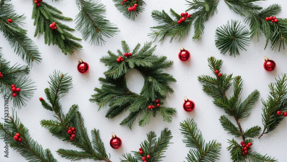 Poster Christmas flat lay featuring a conifer branch garland and wreath arranged with red berries and baubles on a white background with ample copy space.