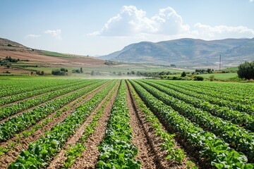 Rows of vibrant green crops in a vast field, under a clear blue sky and rolling hills. Illustrates agricultural abundance and sustainable farming practices.