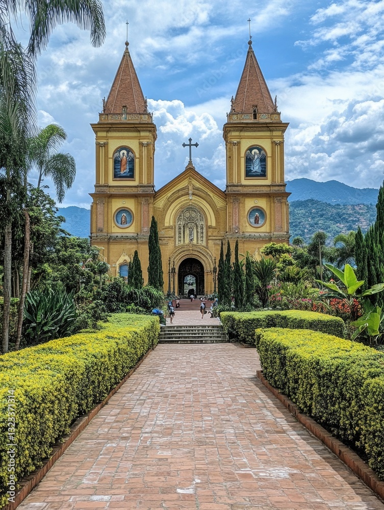 Poster a large yellow church with two towers and a walkway, suitable for travel or architecture images