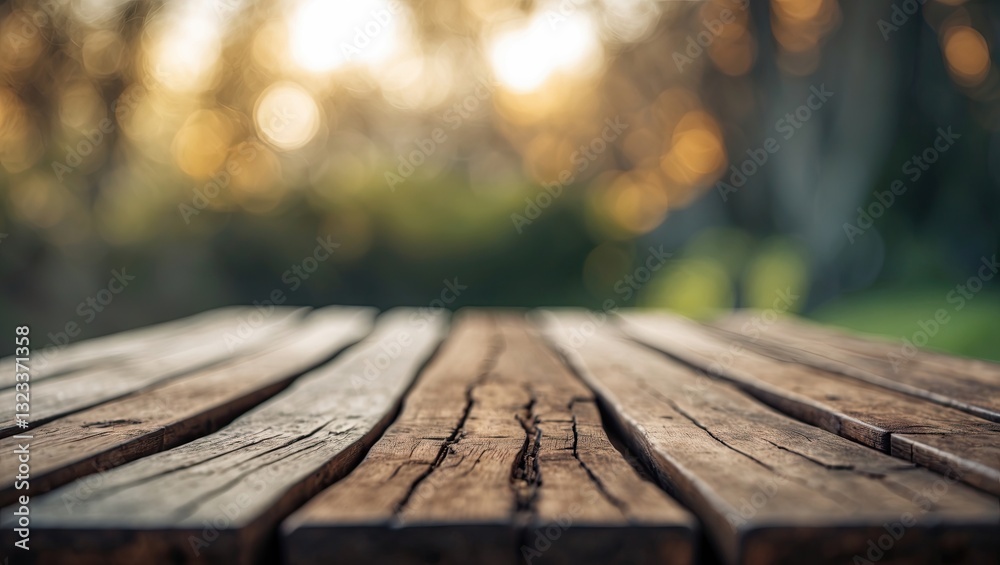 Aufkleber close-up of a weathered wooden table in warm brown tones with a softly blurred green and golden back
