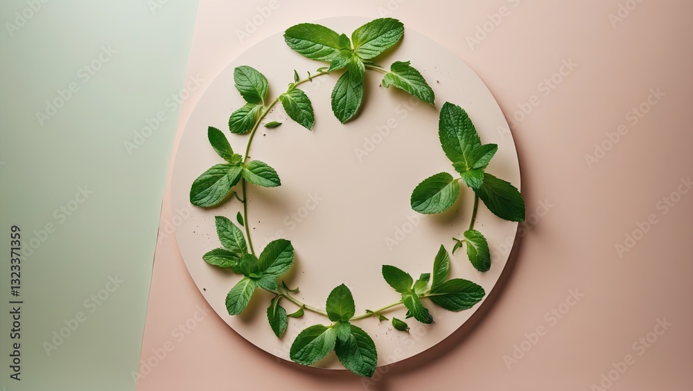 Aufkleber circular arrangement of vibrant rue and mint leaves on a soft pastel background with a neutral circu