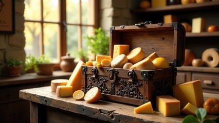 A rustic wooden chest overflowing with a delectable assortment of aged cheeses, complemented by vibrant citrus fruits, sits on an antique table near a sunlit window.