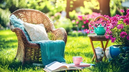 Serene Garden Scene Wicker Chair Book Tea Flowers Relaxing Outdoor Setting