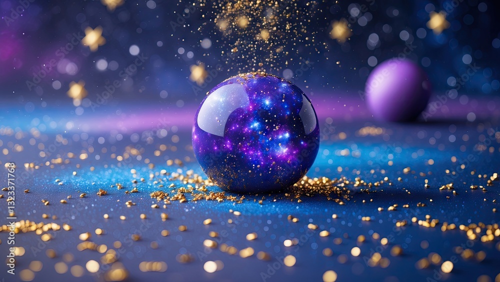 Poster colorful galaxy orb surrounded by shimmering gold glitter and soft purple background with blurred st