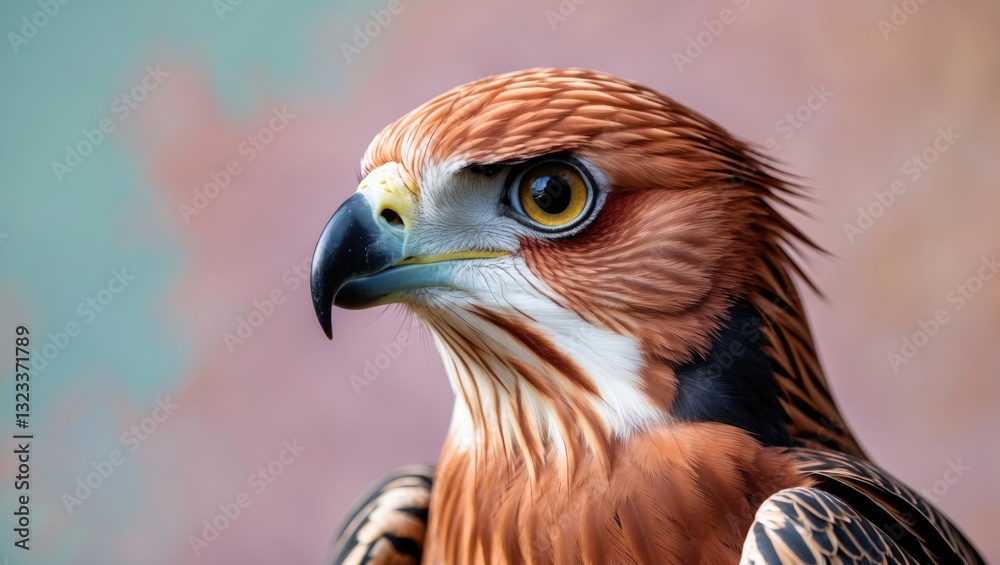 Poster close-up portrait of a majestic red kite with detailed feathers and a striking yellow eye set agains