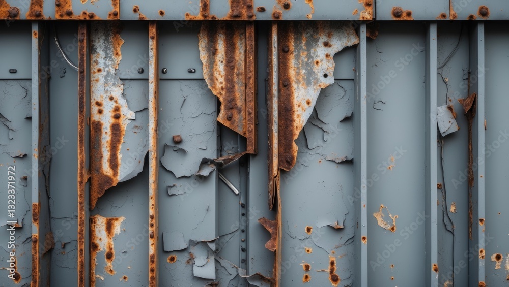 Poster rusty grey metal wall panel with peeling paint and exposed corrosion elements, featuring vertical li