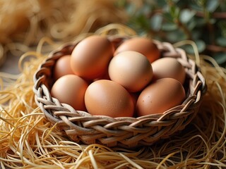 Heritage Harvest  Freshly Gathered Farm Eggs Nestled in Handwoven Basket Upon Golden Straw Bedding Reminiscent of Traditional Countryside Living