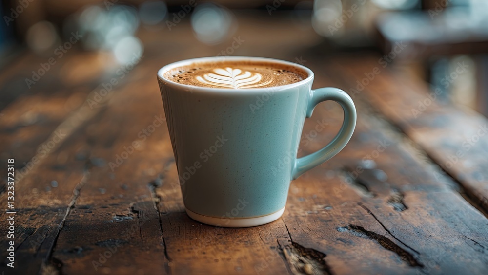 Poster close-up of a light blue coffee cup with latte art placed on a rustic wooden table under warm soft l