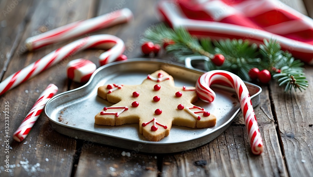 Poster festive holiday scene featuring a star-shaped cookie decorated with red icing placed on a silver tra
