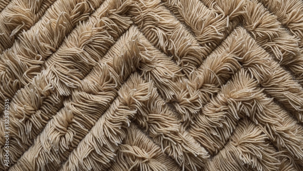 Leinwandbilder Beige shaggy carpet texture with intricate zigzag pattern featuring soft fibers prominently arranged in a closeup view suitable for textile backgrounds.