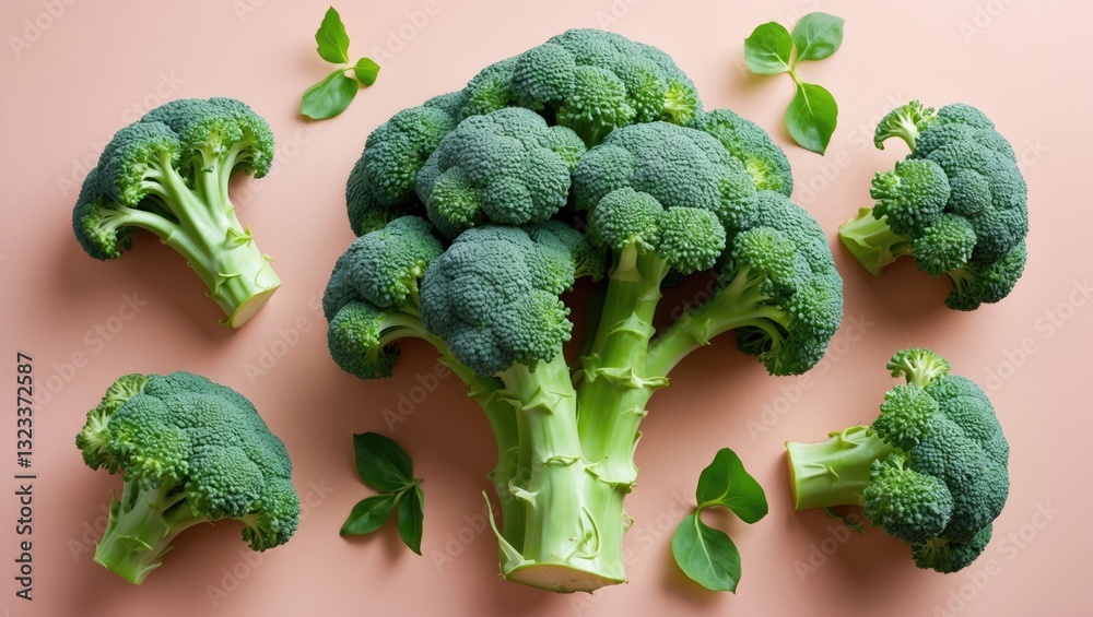 Poster broccoli clustered on a light pastel pink background with scattered green leaves creating a fresh an