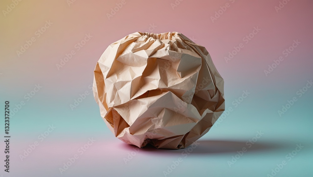 Aufkleber crumpled brown paper ball centered on soft gradient pastel background transitioning from pink to lig