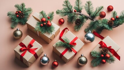Festive arrangement of gift boxes with red ribbons, decorative balls in gold and silver, and green pine branches on soft pastel backdrop.