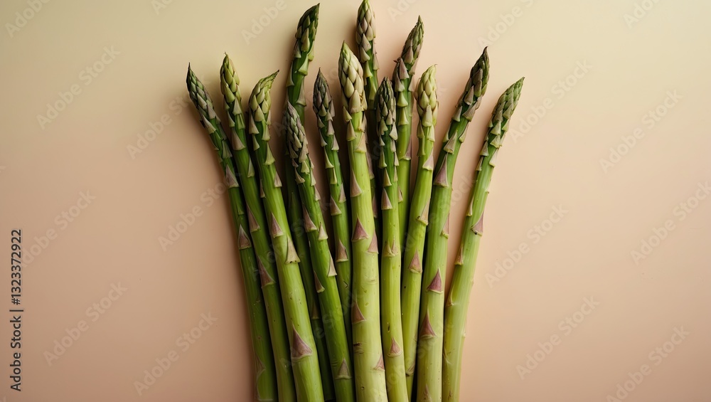 Poster fresh green asparagus spears clustered on a soft pastel beige background with vibrant green colors h